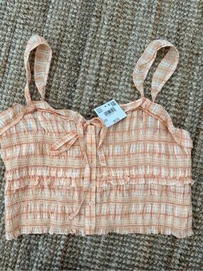 American Eagle Outfitters Peach Plaid Smocked Tie-Front Cami Tank